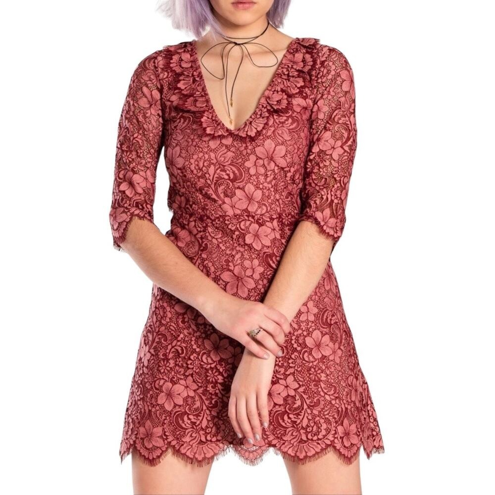 For Love and Lemons Lace Theodora Mini Dress Womens XS Pink Cocktail Party‎